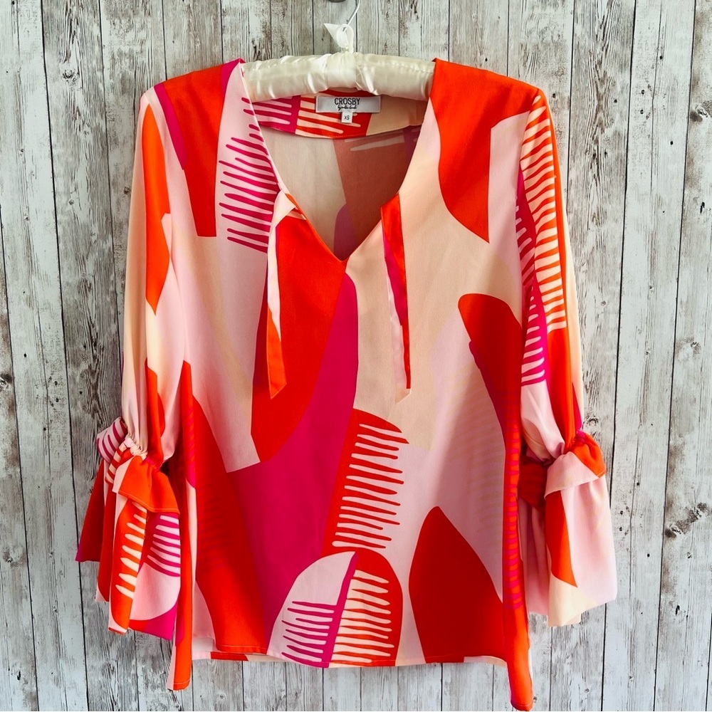 CROSBY by Mollie Burch Vibrant Pink Red Patterned Ruffle Sleeve Blouse XS